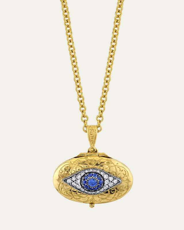 Hammered Evil Eye Oval Locket Necklace